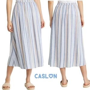 Caslon Womens Blue Ensign Tan Jessie Striped Linen & Rayon Midi Skirt Sz L